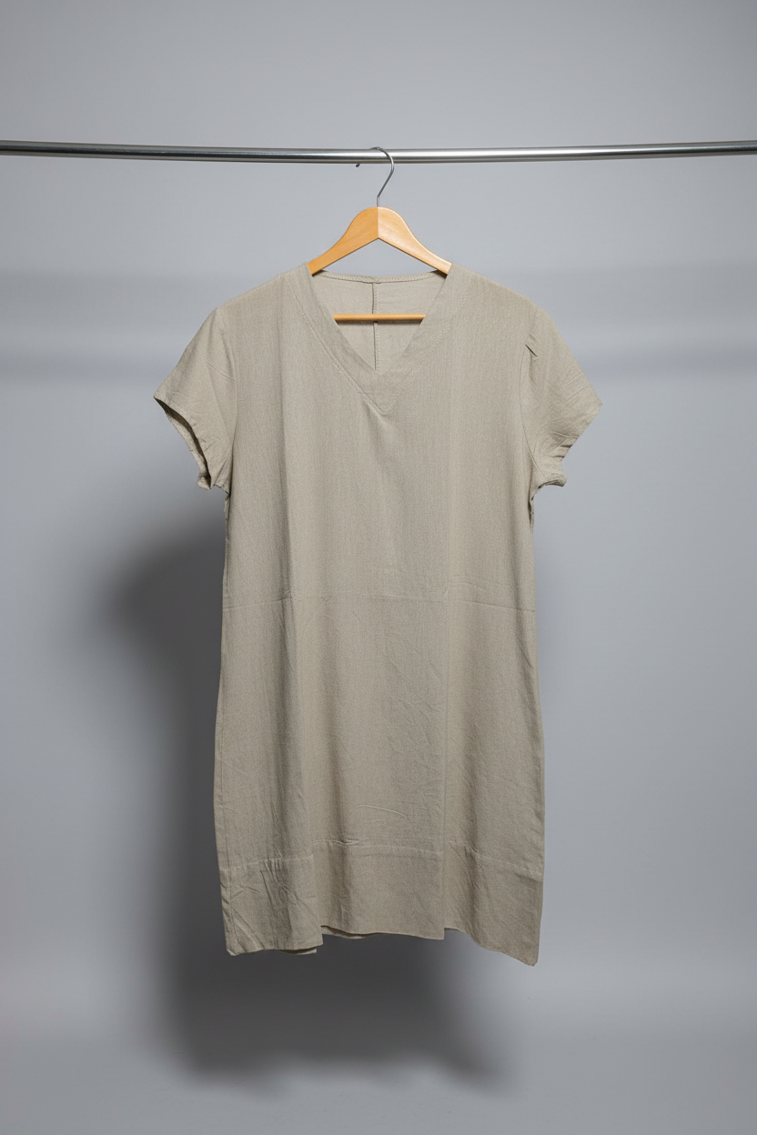 A light beige linen-blend tunic dress with a V-neck and short sleeves, hanging on a wooden hanger on a clothing rack.