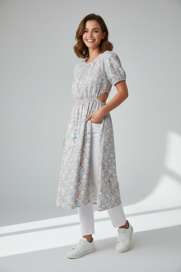 Pastel Ditsy Floral Cutout Midi Dress
