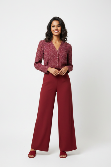 Camateu Burgundy Floral Print Long Sleeve Blouse