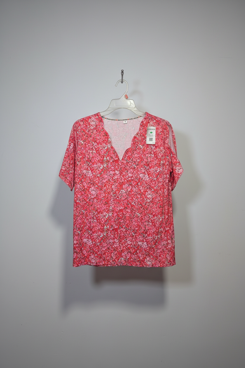 Vibrant Pink Floral V-Neck Casual Top