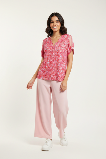Vibrant Pink Floral V-Neck Casual Top