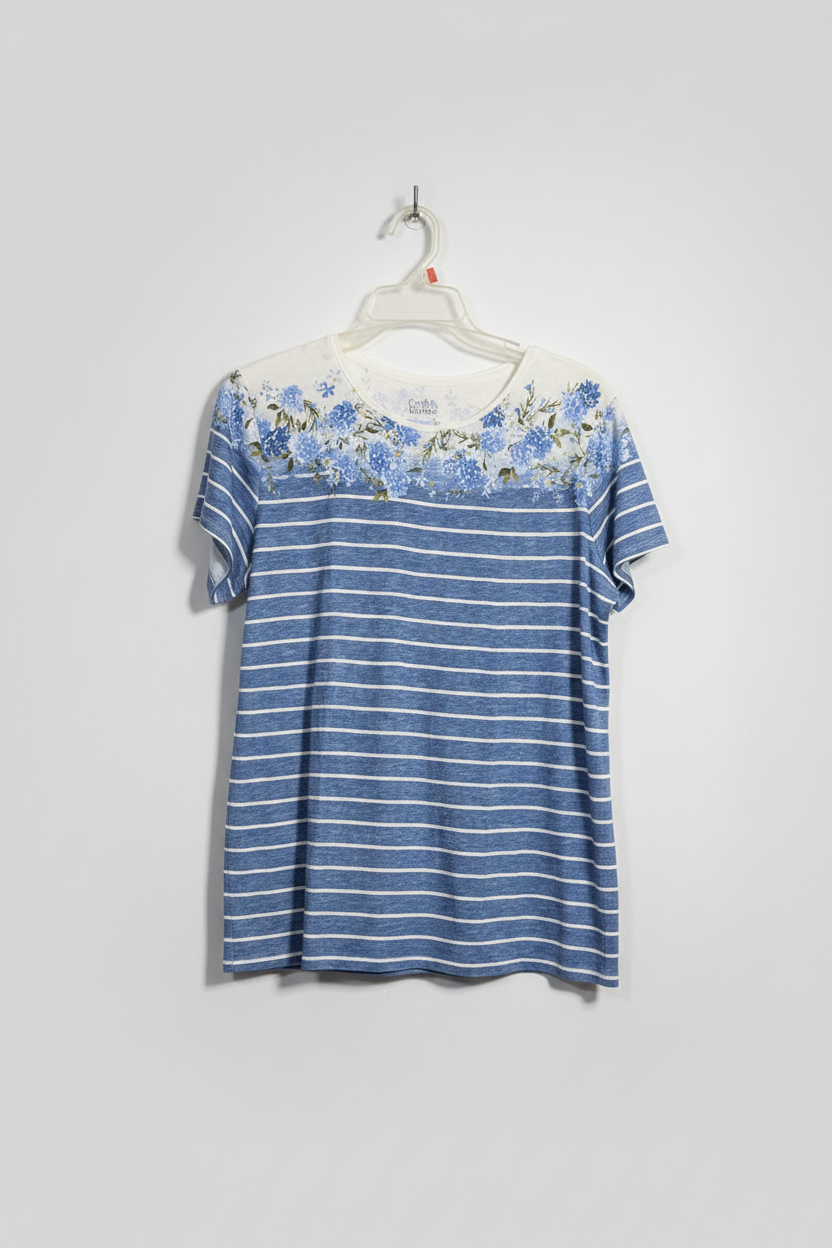 Croft & Barrow Blue Striped Floral Print Classic Tee