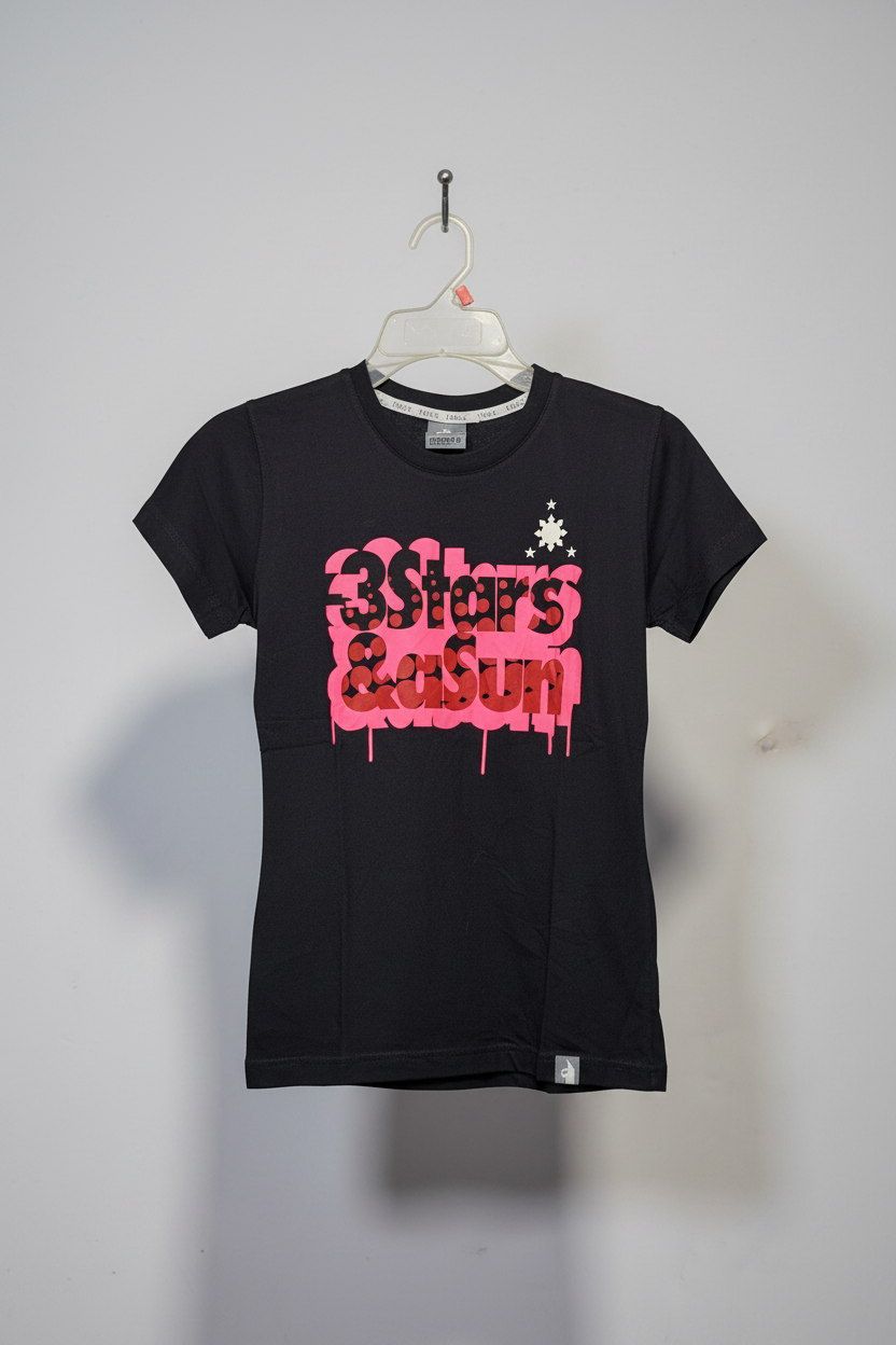 Black Graphic Tee with Pink "3 Stars & a Sun" Print