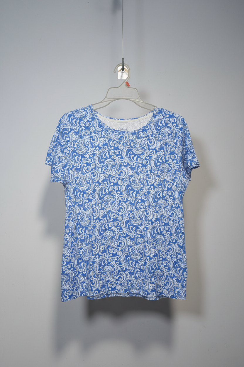 Blue and White Floral Print Short Sleeve Top