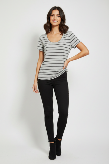 Grey and Black Striped Scoop Neck T-Shirt