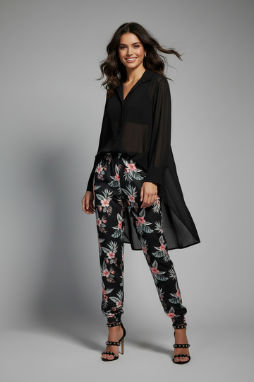 Floral Print Black Slim-Fit Leggings