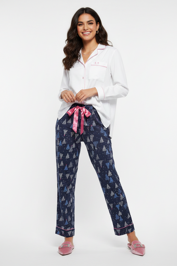 Navy Blue Festive Tree Print Pajama Pants