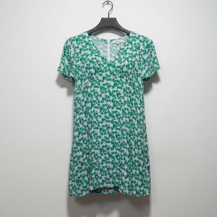 Green and White Floral V-Neck Mini Dress
