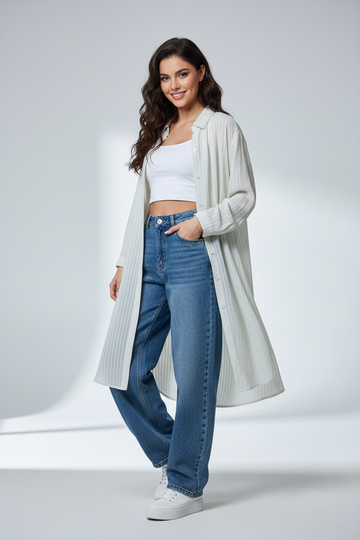 Premium White Striped Long-Line Button-Down Shirt