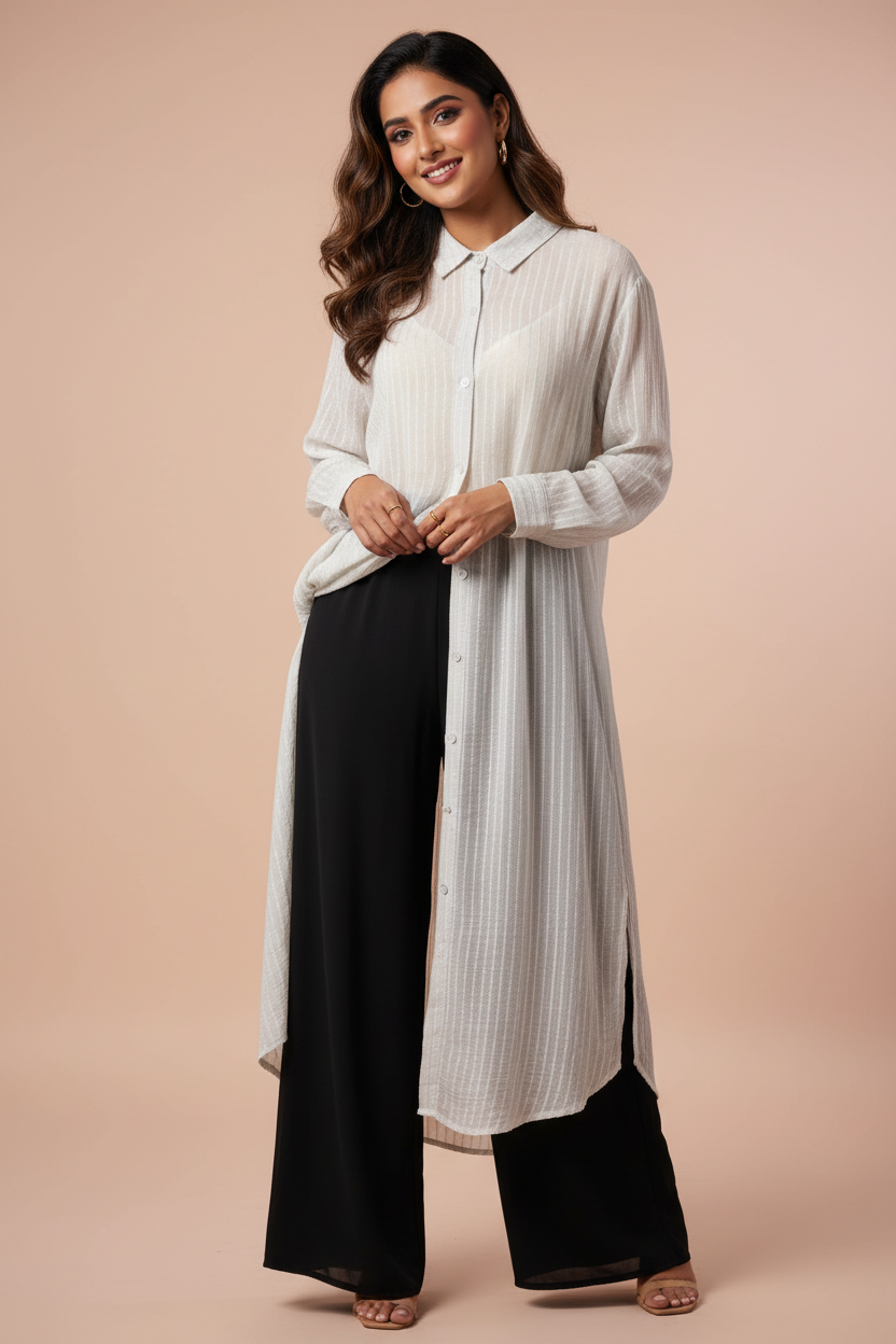 A woman models a long-sleeve, button-front shirt dress in a light gray and white vertical stripe pattern, styled with black wide-leg pants against a solid beige studio background.