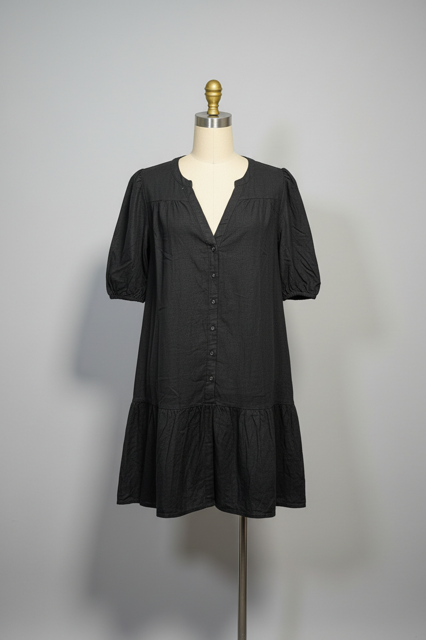Premium Black Puff Sleeve Button-Down Babydoll Tunic