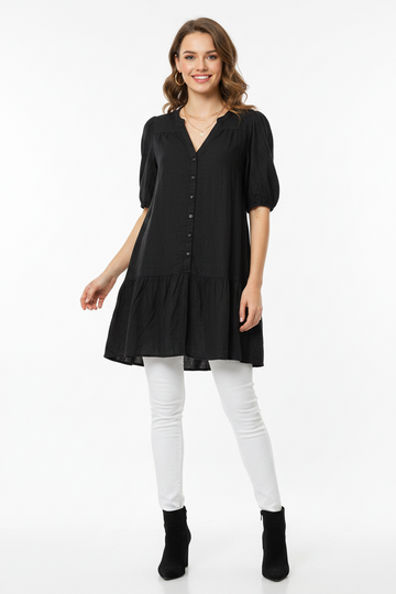 Premium Black Puff Sleeve Button-Down Babydoll Tunic