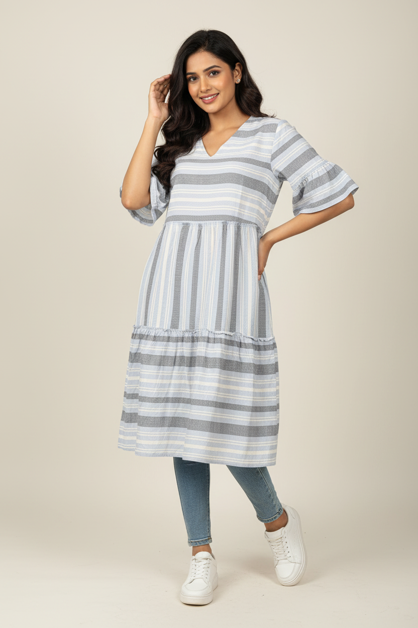 A woman modeling a tiered, short-sleeve V-neck dress with gray, white, and light blue vertical stripes, paired with light-wash blue jeans and white sneakers, against a solid beige studio background.