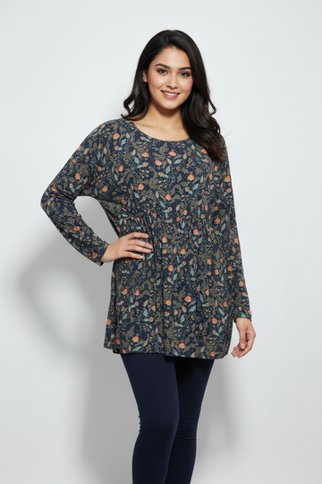 Navy Blue Floral Print Relaxed Fit Tunic