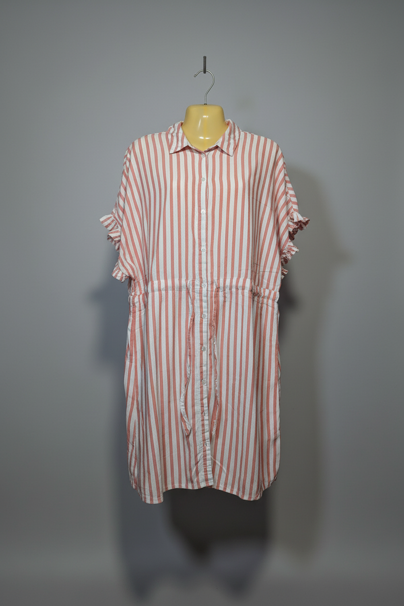 Premium Peach & White Striped Ruffled Shirt Dress
