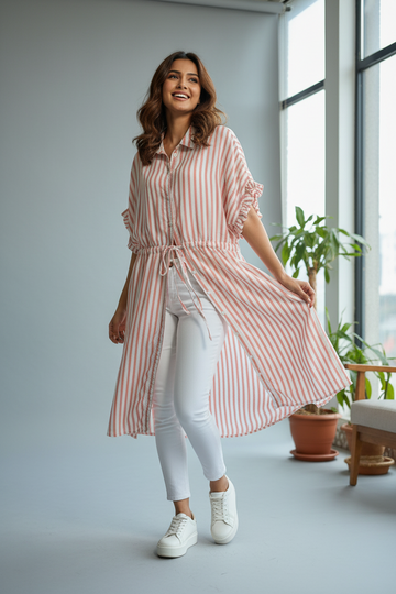 Premium Peach & White Striped Ruffled Shirt Dress