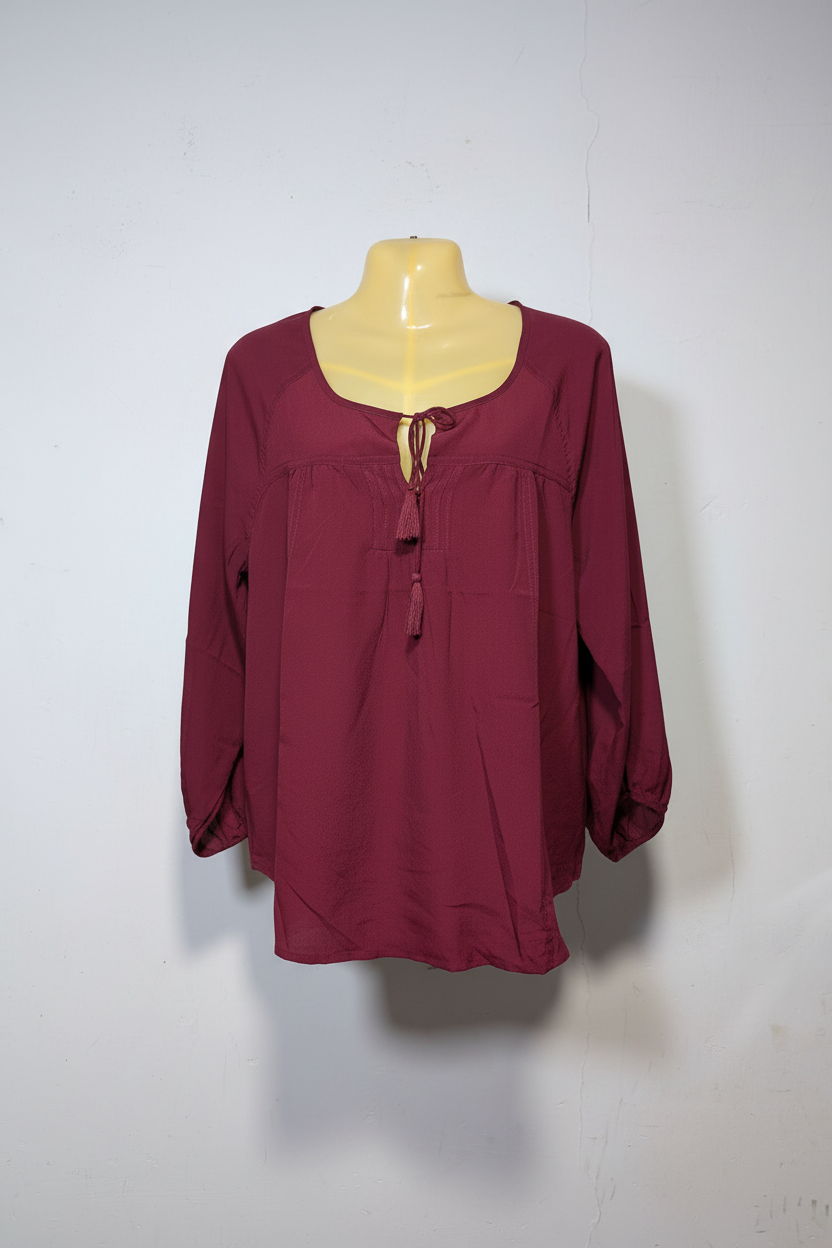 Premium Maroon Tie-Neck Flowy Blouse