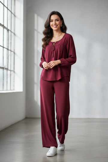 Premium Maroon Tie-Neck Flowy Blouse
