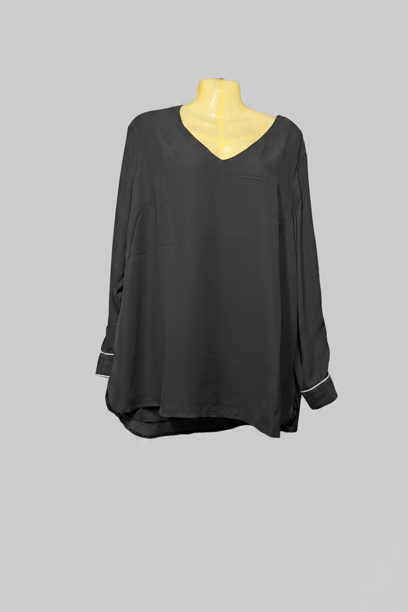 Elegant Black V-Neck Tunic with Contrast Piping