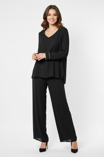 Elegant Black V-Neck Tunic with Contrast Piping
