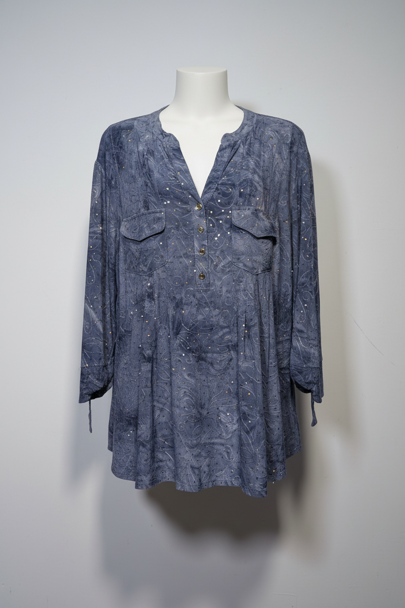 Premium Steel Blue Printed Viscose Tunic with Shimmer Details