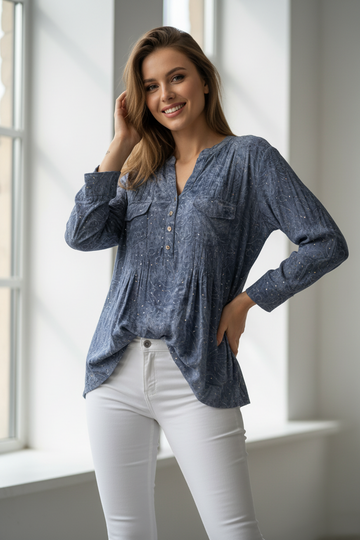 Premium Steel Blue Printed Viscose Tunic with Shimmer Details