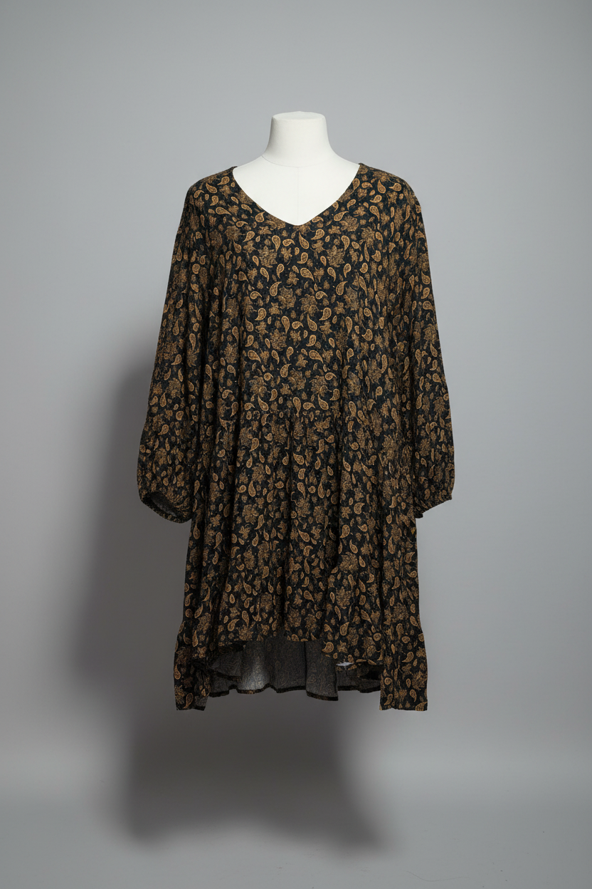 Black & Gold Paisley Tiered Flowy Dress