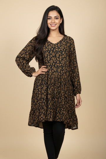 Black & Gold Paisley Tiered Flowy Dress