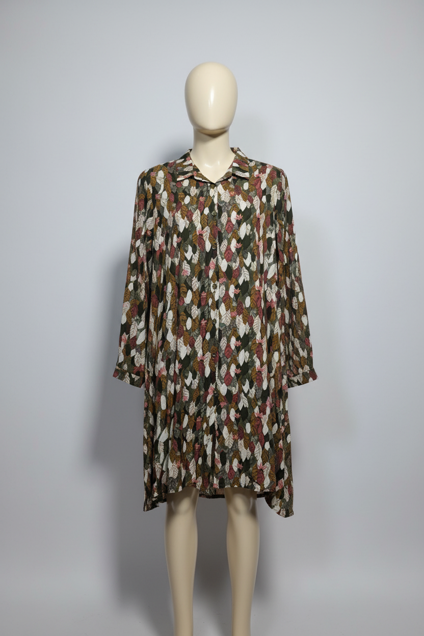 Earthy Olive Leaf Print Long Button-Down Shirt