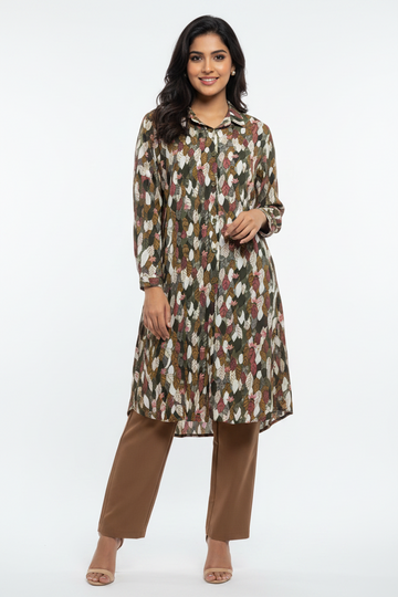Earthy Olive Leaf Print Long Button-Down Shirt