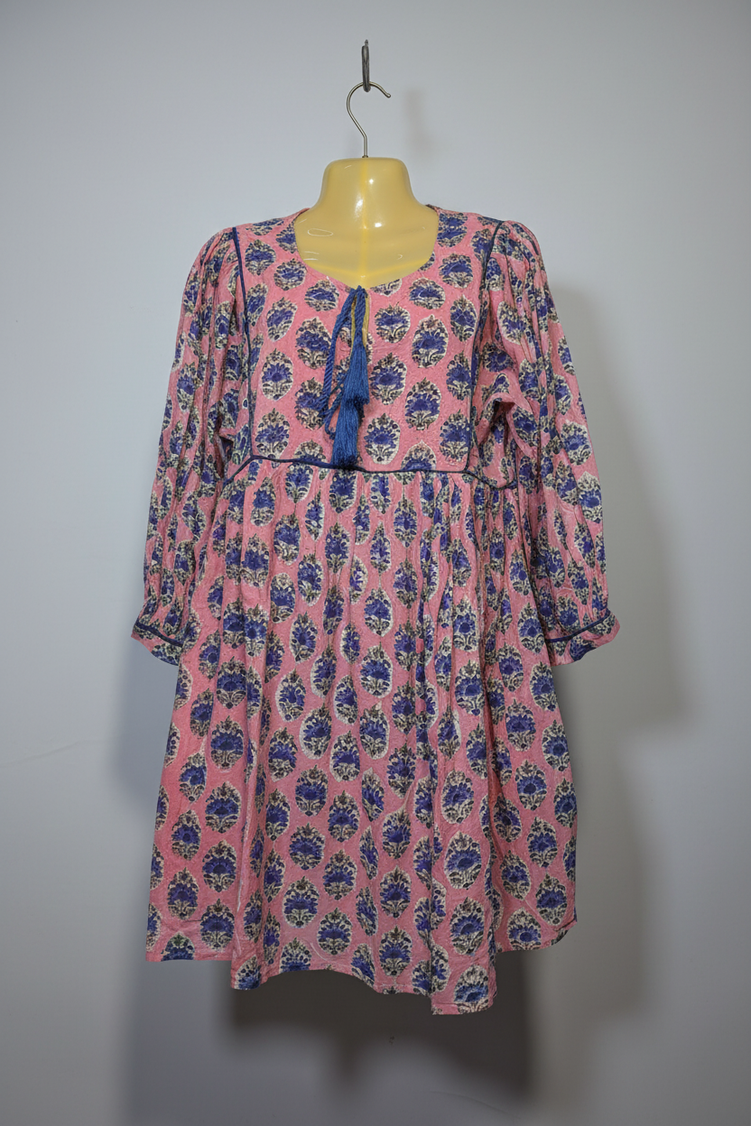 Pink Floral Block-Print Empire Waist Short Dress