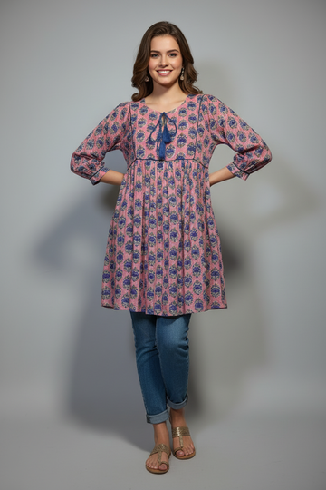 Pink Floral Block-Print Empire Waist Short Dress