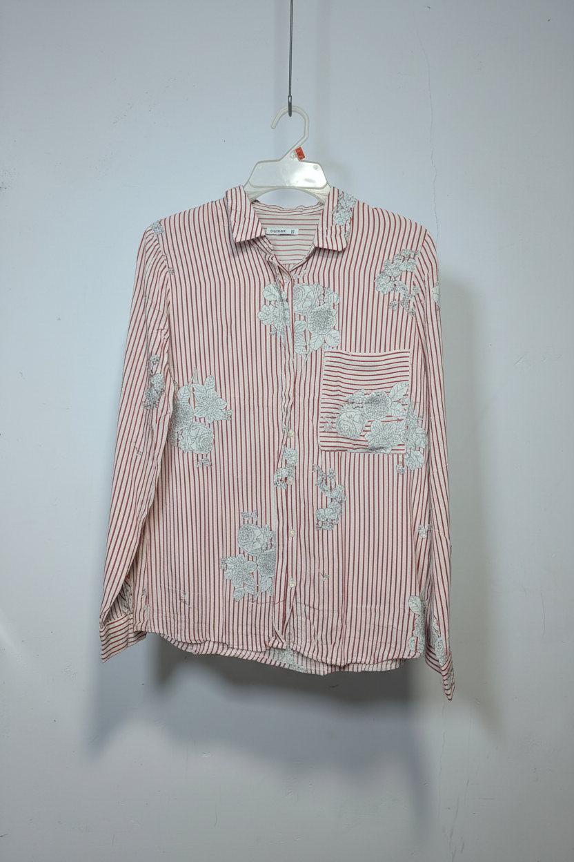 Pull&Bear Red & White Striped Floral Print Shirt