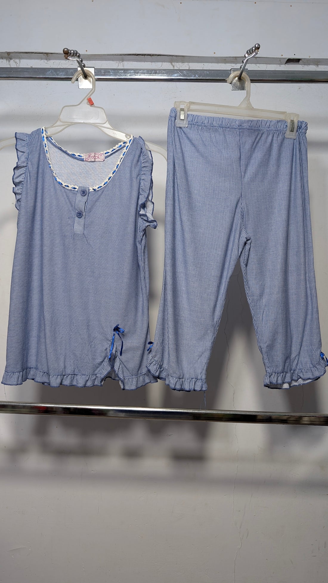 Blue and White Gingham Ruffled Two-Piece Casual Set