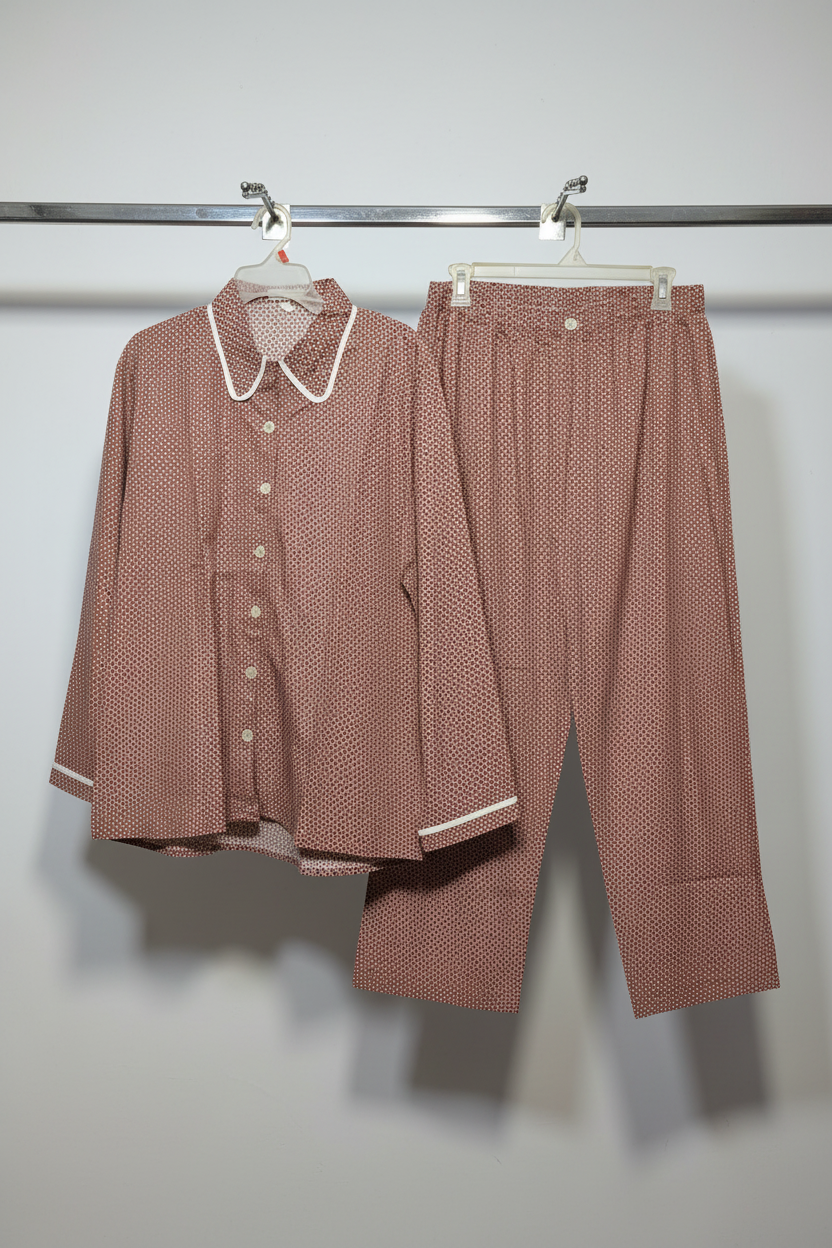 A two-piece pajama set consisting of a long-sleeve button-front top with a white Peter Pan collar and matching pants, both in a dusty rose pink and white micro-dot pattern, hanging on a metal rack.