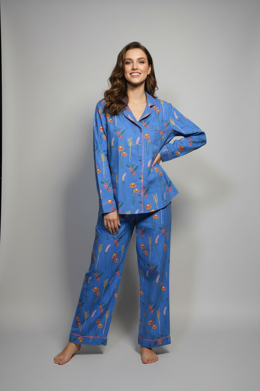 A woman modeling a two-piece pajama set with a blue base and a pattern of orange flowers and green leaves, standing against a solid gray studio background.