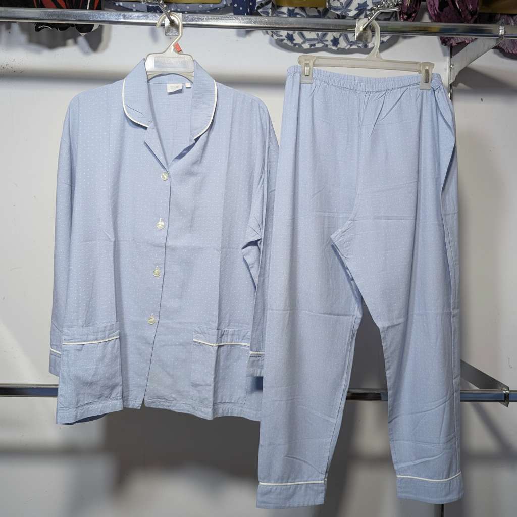 A woman modeling a light blue pajama set with a subtle geometric pattern and dark piping, standing against a warm beige studio background.