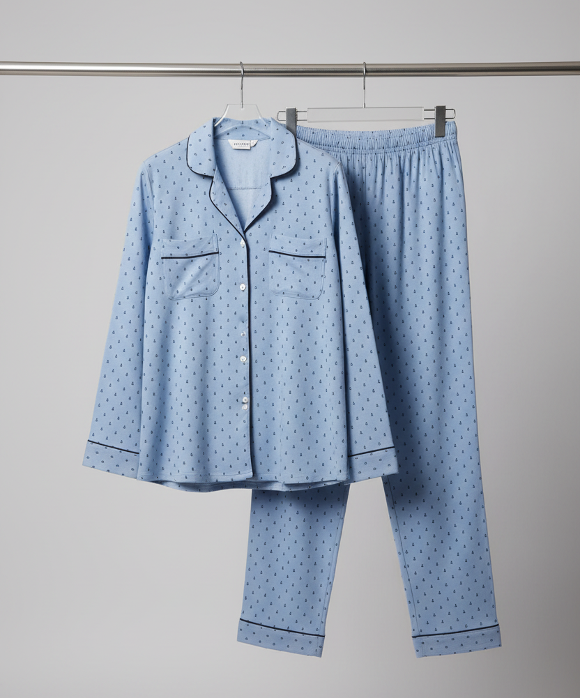 A woman wearing a light blue long-sleeve pajama set with small dark polka dots stands by a large window, looking out with a smile. The room has soft natural light and a neutral gray wall.