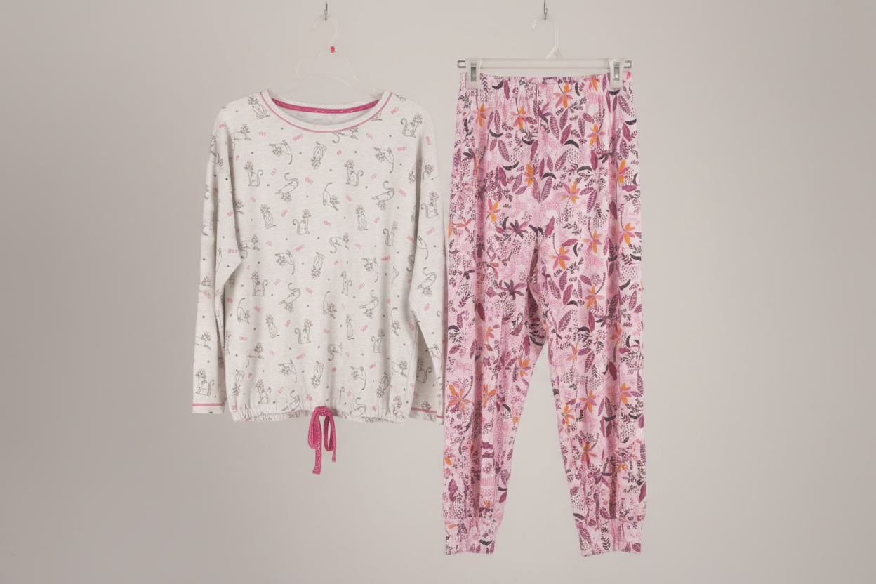 Floral pajama set with long-sleeve top and pants on a gray background