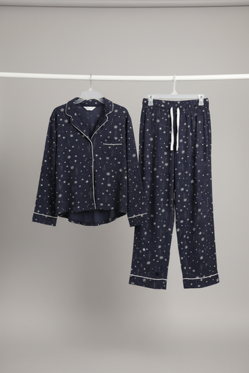 Elegant Celestial Starburst Button-Down Pajama Set – Navy Blue Nightwear
