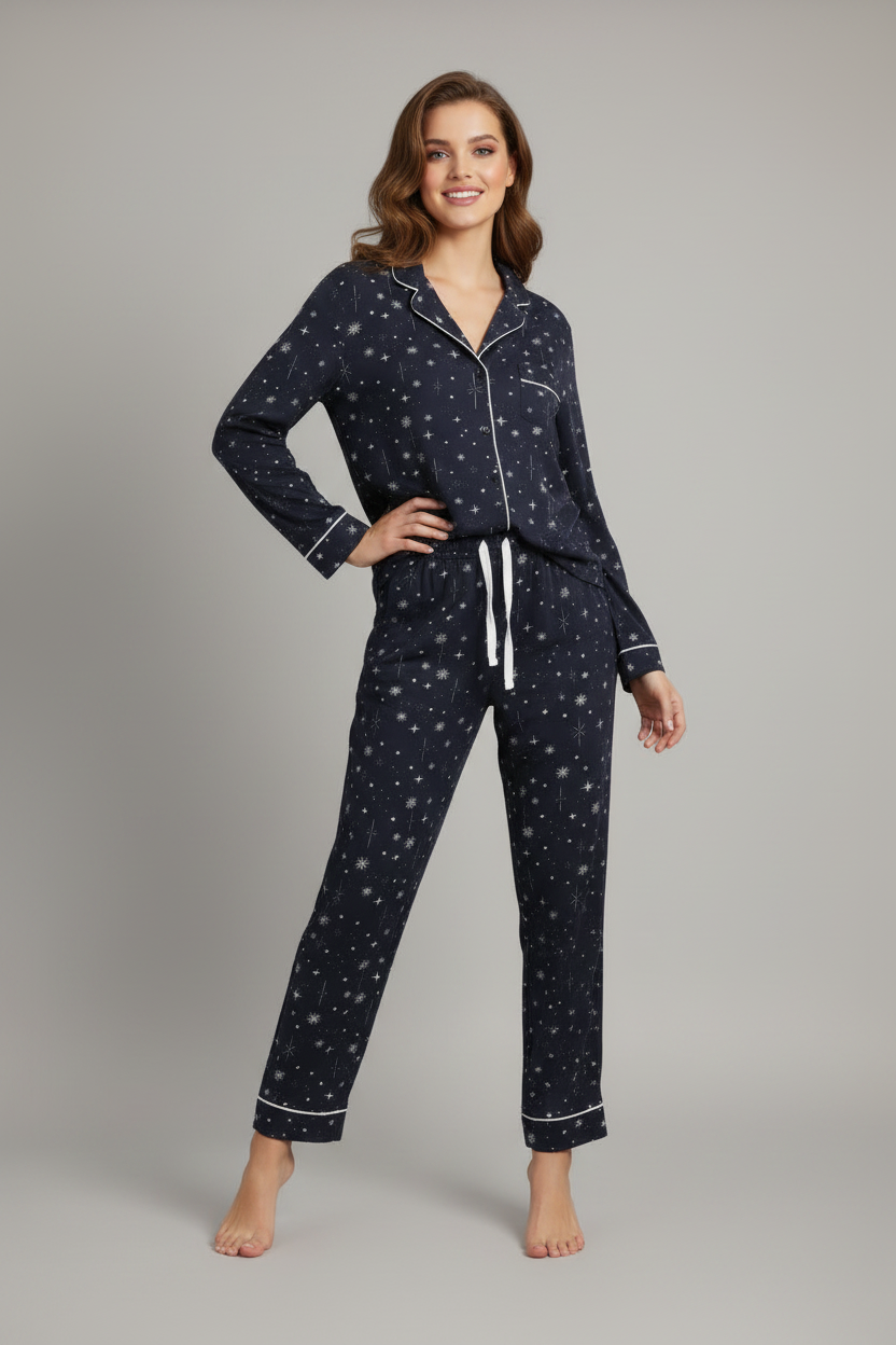 Elegant Celestial Starburst Button-Down Pajama Set – Navy Blue Nightwear