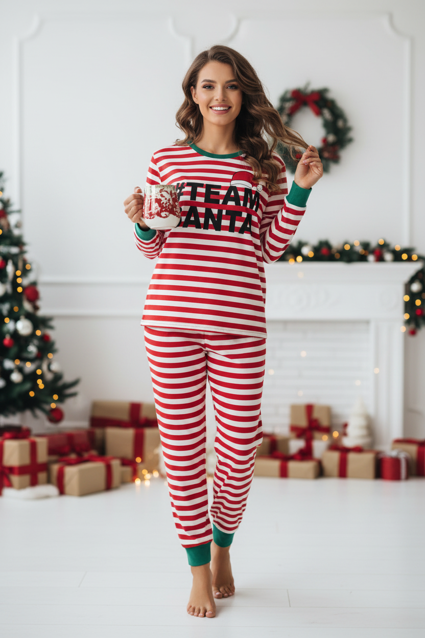 Red and white striped pajama set with '#Team Santa' text on a wooden background