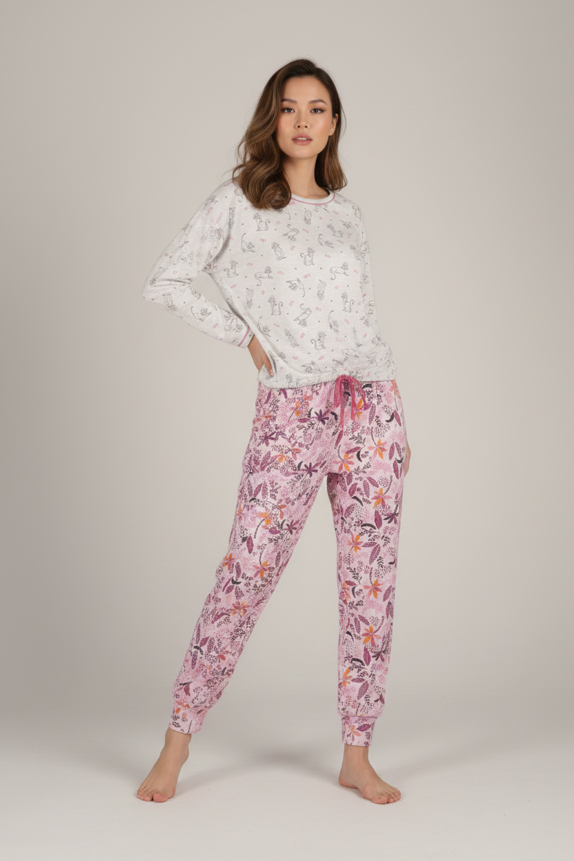 Floral pajama set with long-sleeve top and pants on a gray background