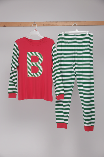 Festive Alphabet "B" Holiday 2-Piece Pajama Set – Red & Green Candy Stripes