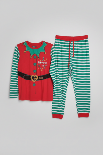 Festive "Mummy Elf" Holiday 2-Piece Pajama Set – Green & White Striped