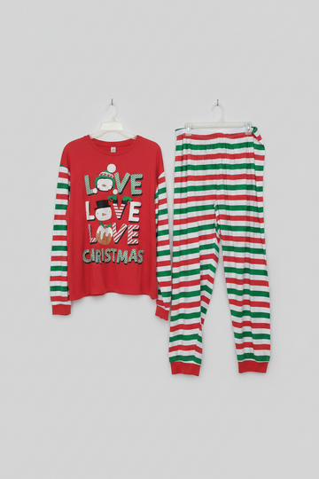2-Piece Pajama Set – Red & Green Stripes Festive "Love Love Love Christmas"