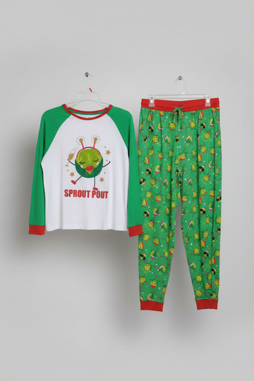 Funky "Sprout Pout" Raglan Pajama Set – Green & White Nightwear
