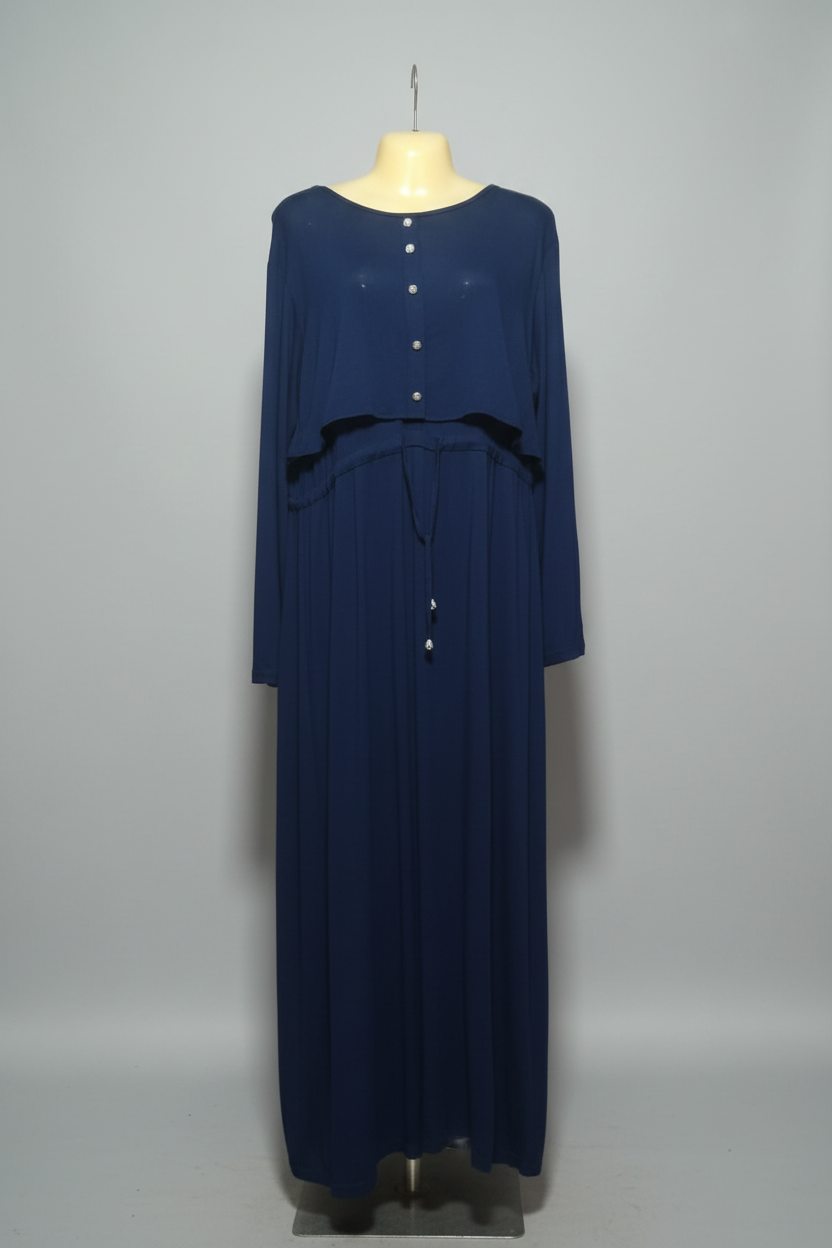 Navy blue dress on a mannequin in a store setting with colorful clothes in the background.