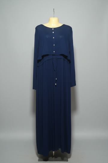 Navy blue dress on a mannequin in a store setting with colorful clothes in the background.