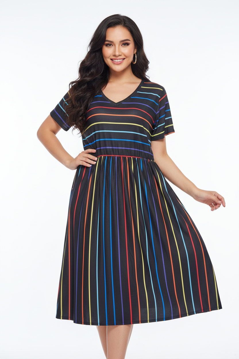Colorful striped dress on a mannequin against a white wall.